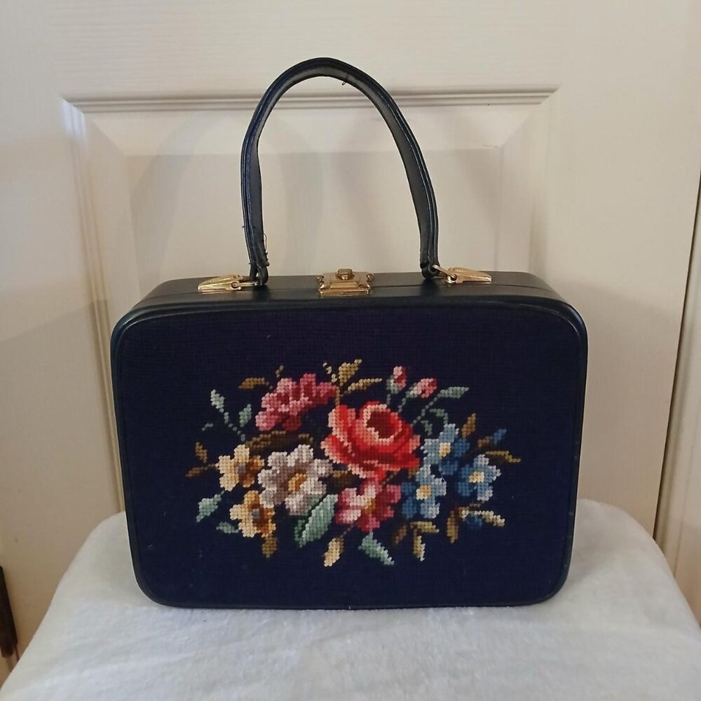 RARE MCM Vintage Floral Needlepoint Tapestry Embroidered Briefcase Handbag Purse